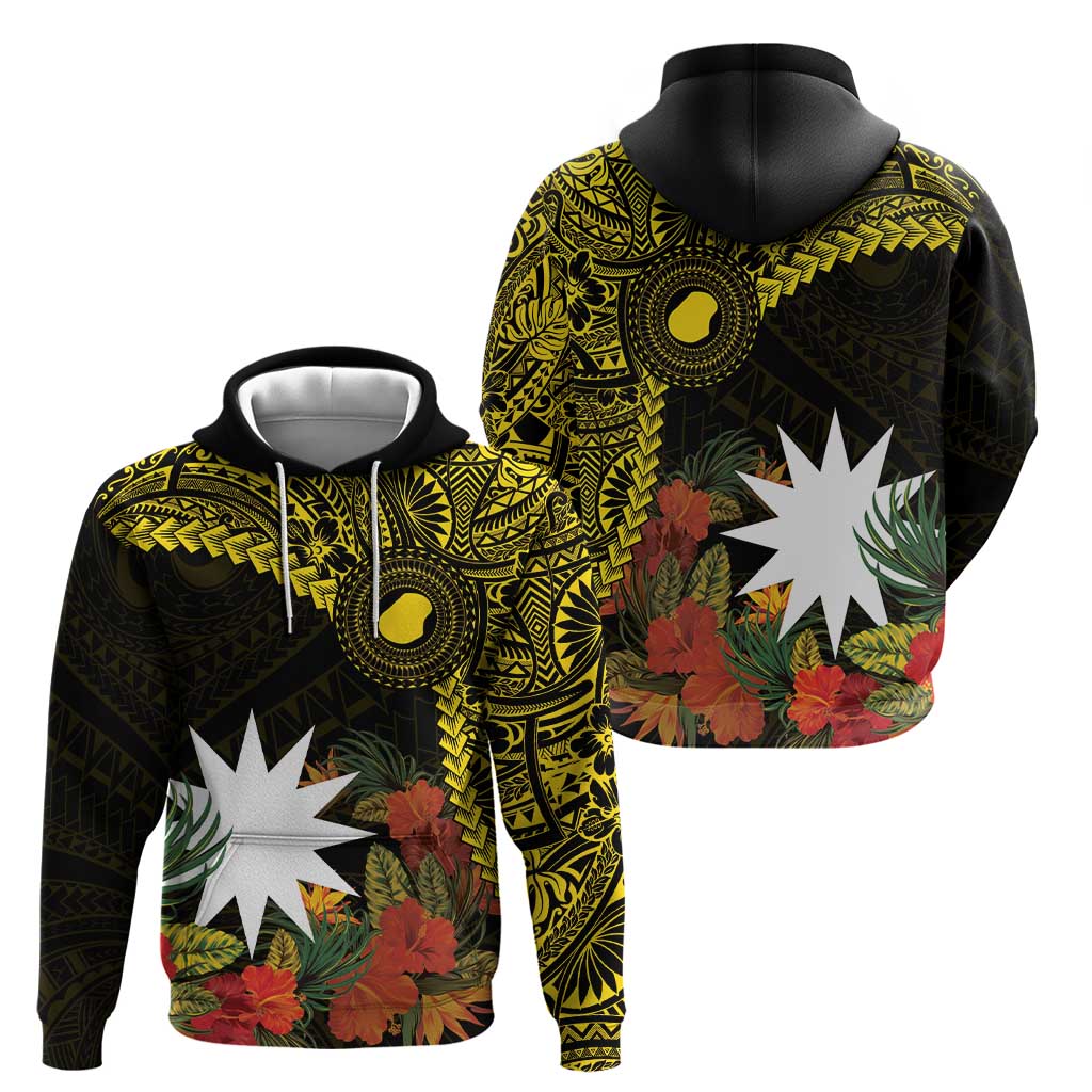 Gold Nauru Hoodie Naoero Map With Polynesian Tropical Flowers