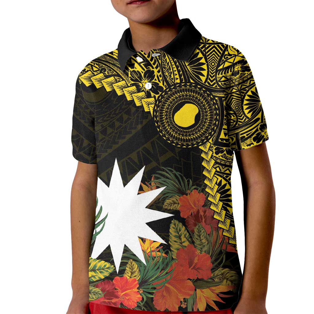 Gold Nauru Kid Polo Shirt Naoero Map With Polynesian Tropical Flowers