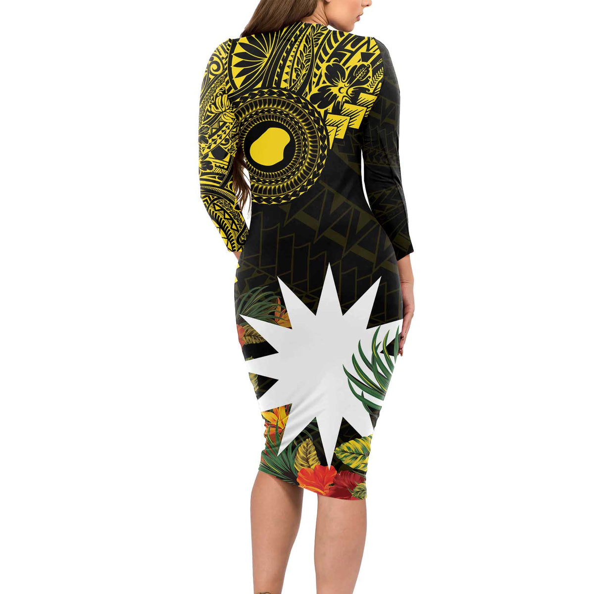 Gold Nauru Long Sleeve Bodycon Dress Naoero Map With Polynesian Tropical Flowers