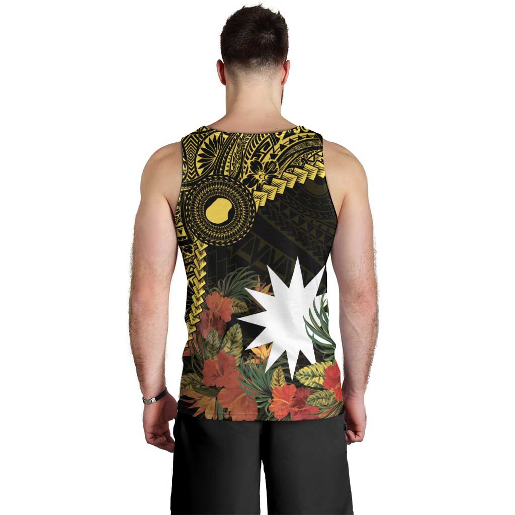 Gold Nauru Men Tank Top Naoero Map With Polynesian Tropical Flowers