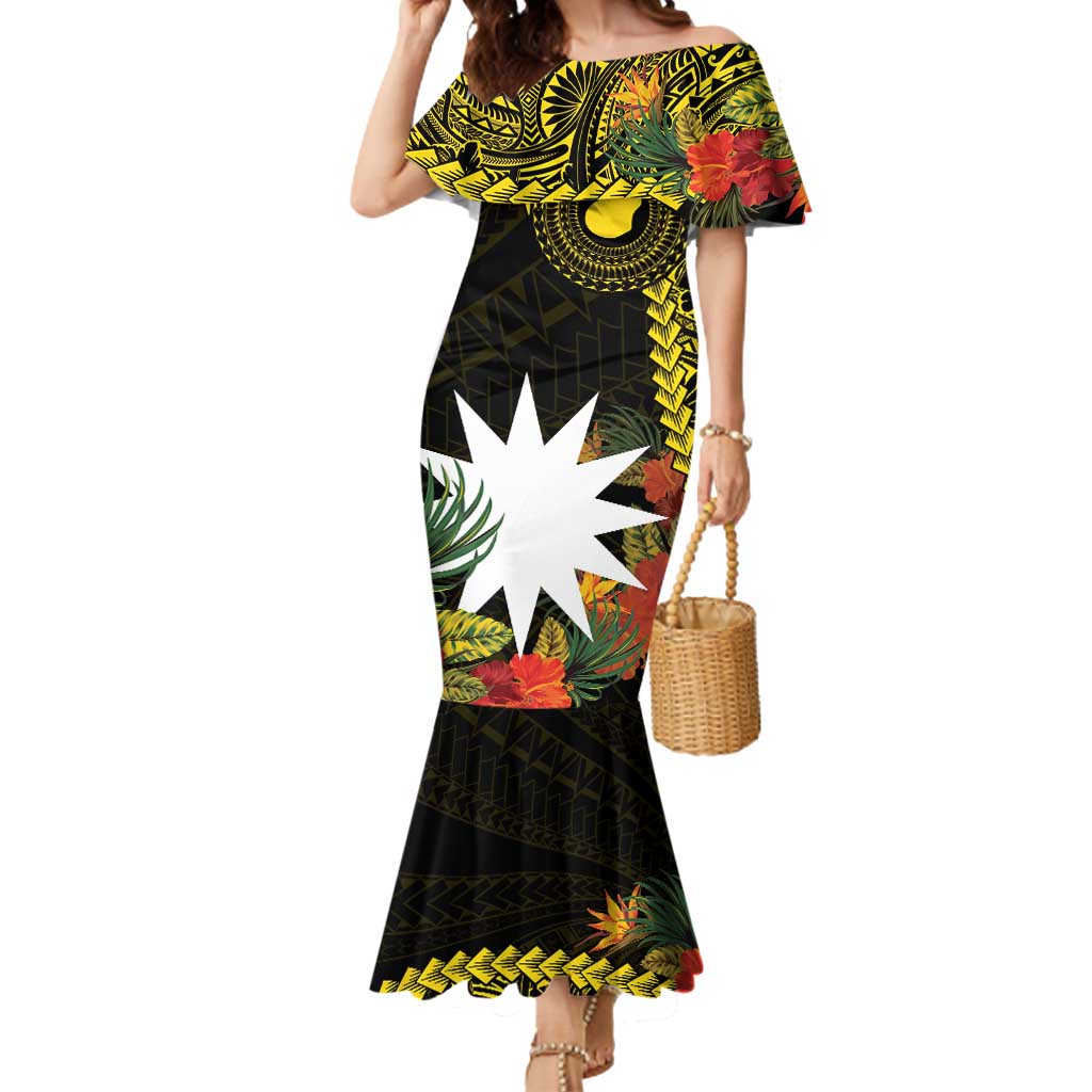 Gold Nauru Mermaid Dress Naoero Map With Polynesian Tropical Flowers