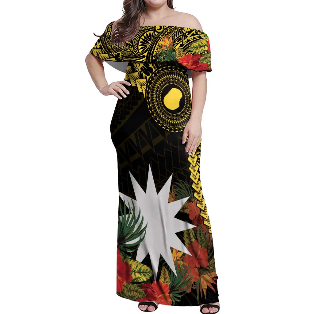 Gold Nauru Off Shoulder Maxi Dress Naoero Map With Polynesian Tropical Flowers