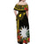 Gold Nauru Off Shoulder Maxi Dress Naoero Map With Polynesian Tropical Flowers