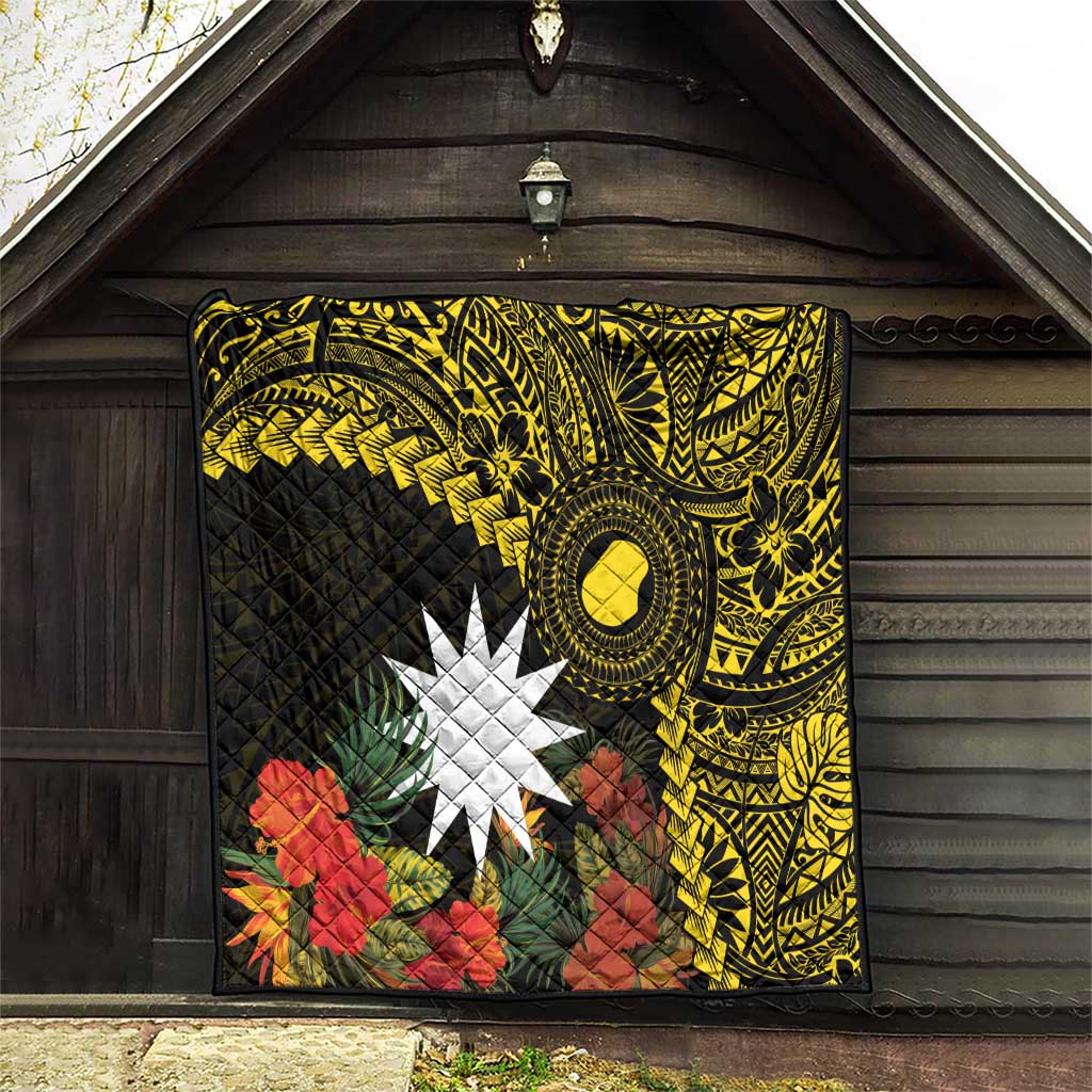 Gold Nauru Quilt Naoero Map With Polynesian Tropical Flowers
