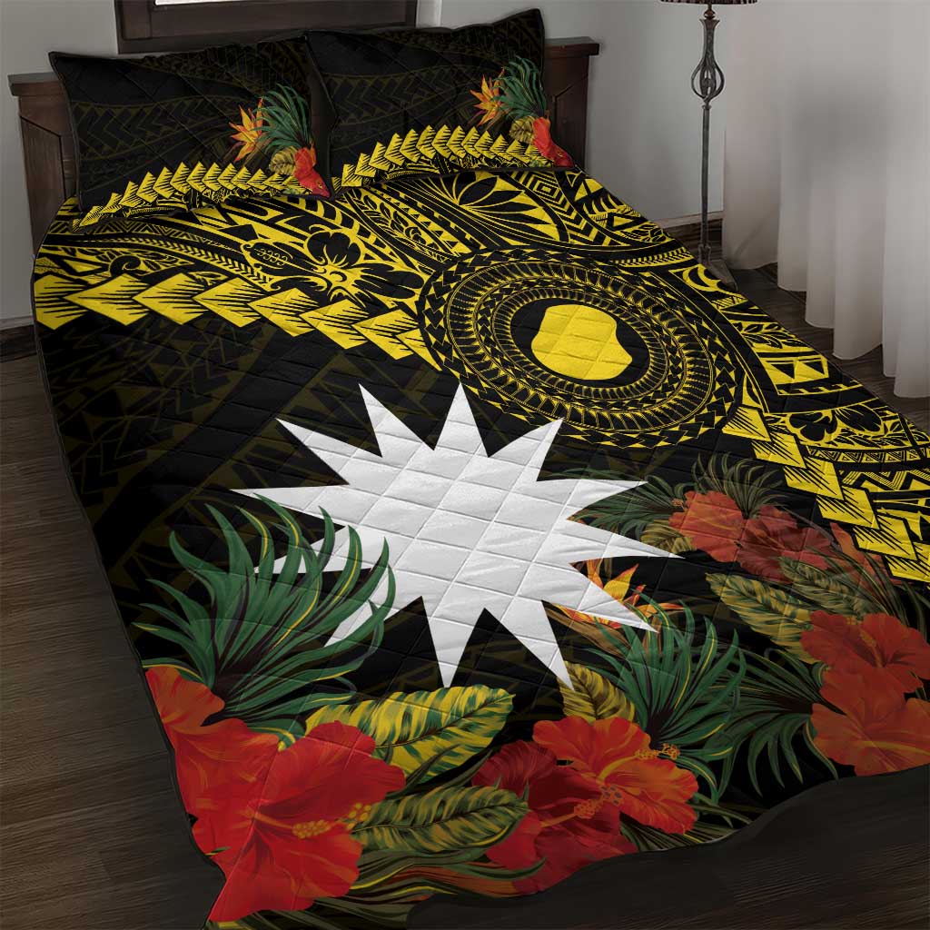 Gold Nauru Quilt Bed Set Naoero Map With Polynesian Tropical Flowers