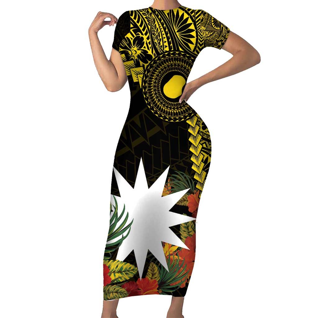 Gold Nauru Short Sleeve Bodycon Dress Naoero Map With Polynesian Tropical Flowers