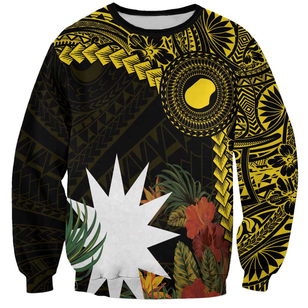 Gold Nauru Sweatshirt Naoero Map With Polynesian Tropical Flowers