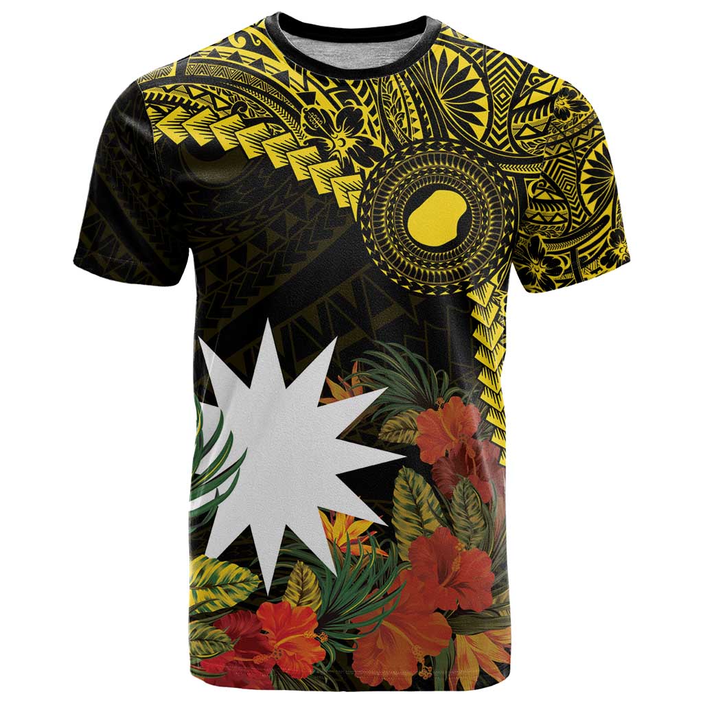 Gold Nauru T Shirt Naoero Map With Polynesian Tropical Flowers