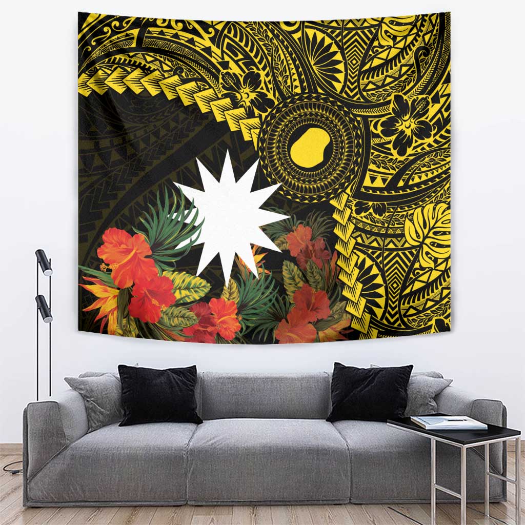 Gold Nauru Tapestry Naoero Map With Polynesian Tropical Flowers