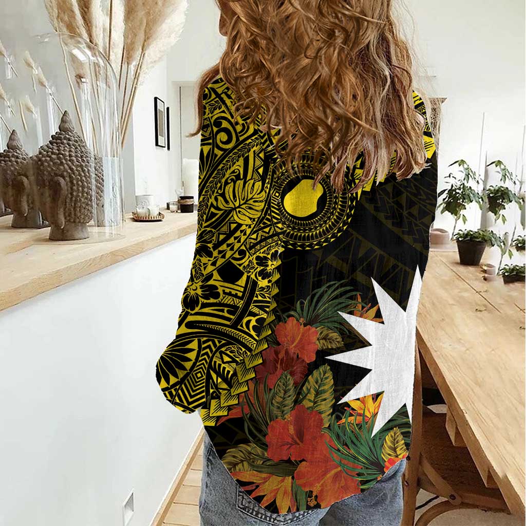 Gold Nauru Women Casual Shirt Naoero Map With Polynesian Tropical Flowers LT14 - Polynesian Pride
