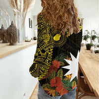 Gold Nauru Women Casual Shirt Naoero Map With Polynesian Tropical Flowers LT14 - Polynesian Pride