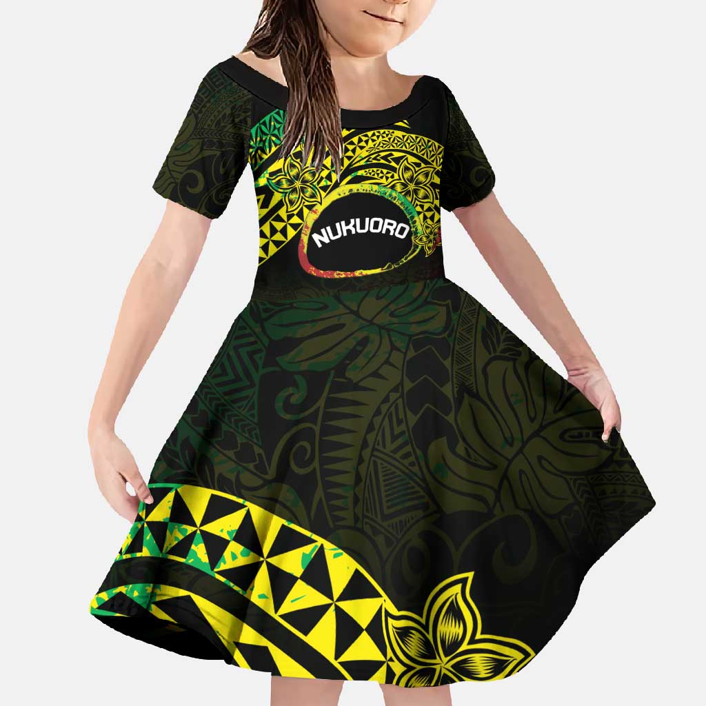 Personalised Nukuoro Atoll Family Matching Long Sleeve Bodycon Dress and Hawaiian Shirt Polynesian Tattoo Curves Reggae Version LT14 Daughter's Dress Reggae - Polynesian Pride