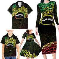 Personalised Nukuoro Atoll Family Matching Long Sleeve Bodycon Dress and Hawaiian Shirt Polynesian Tattoo Curves Reggae Version LT14 - Polynesian Pride