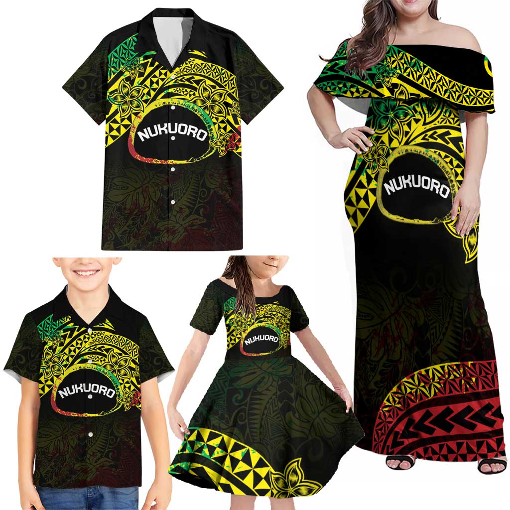 Personalised Nukuoro Atoll Family Matching Off Shoulder Maxi Dress and Hawaiian Shirt Polynesian Tattoo Curves Reggae Version LT14 - Polynesian Pride
