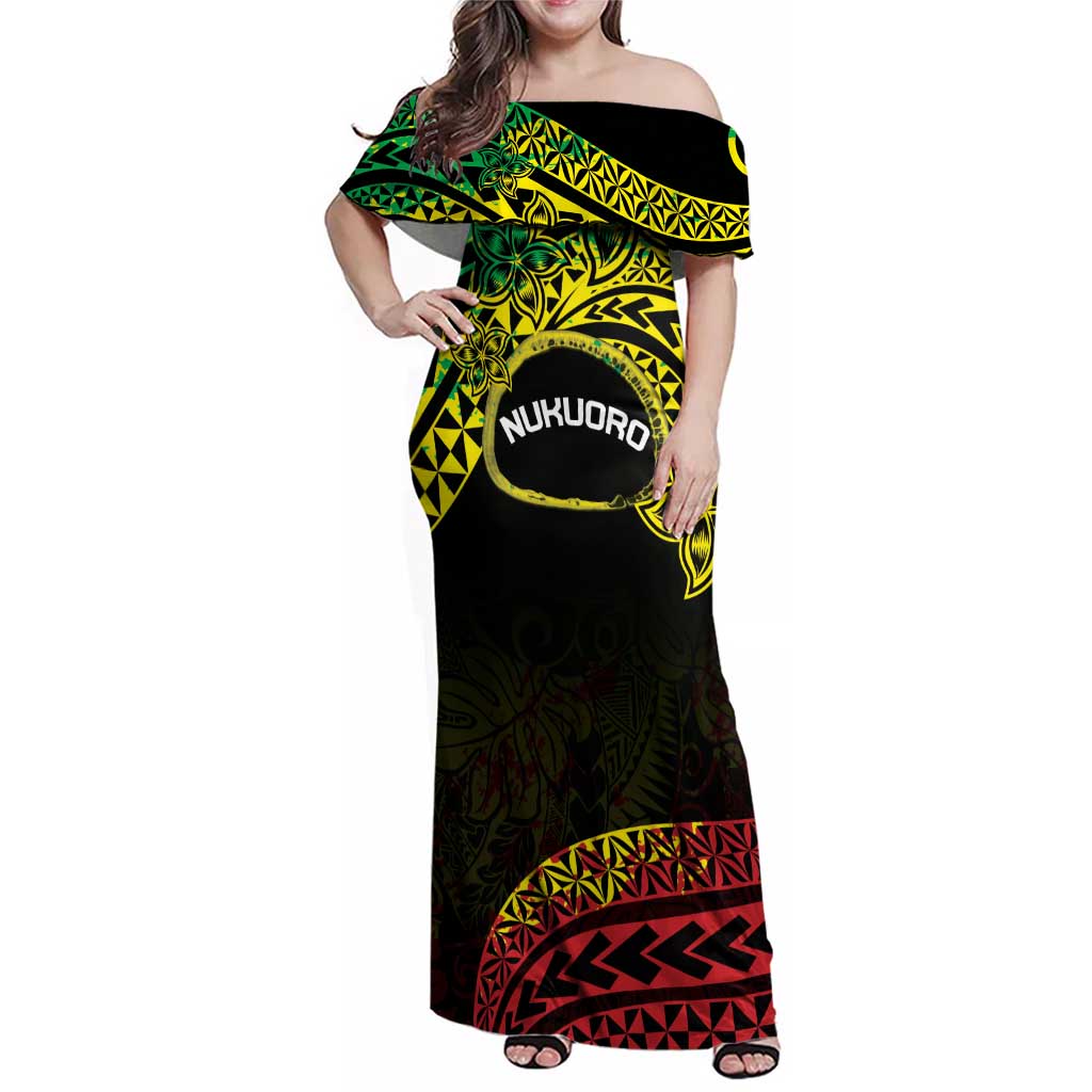 Personalised Nukuoro Atoll Family Matching Off Shoulder Maxi Dress and Hawaiian Shirt Polynesian Tattoo Curves Reggae Version LT14 Mom's Dress Reggae - Polynesian Pride