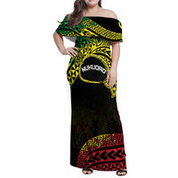 Personalised Nukuoro Atoll Family Matching Off Shoulder Maxi Dress and Hawaiian Shirt Polynesian Tattoo Curves Reggae Version LT14 Mom's Dress Reggae - Polynesian Pride