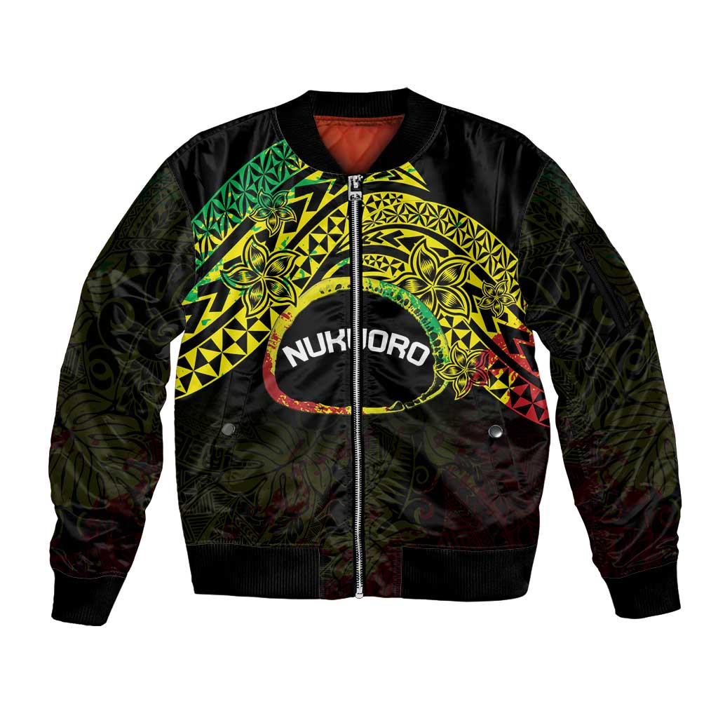 Personalised Nukuoro Atoll Sleeve Zip Bomber Jacket Polynesian Tattoo Curves Reggae Version