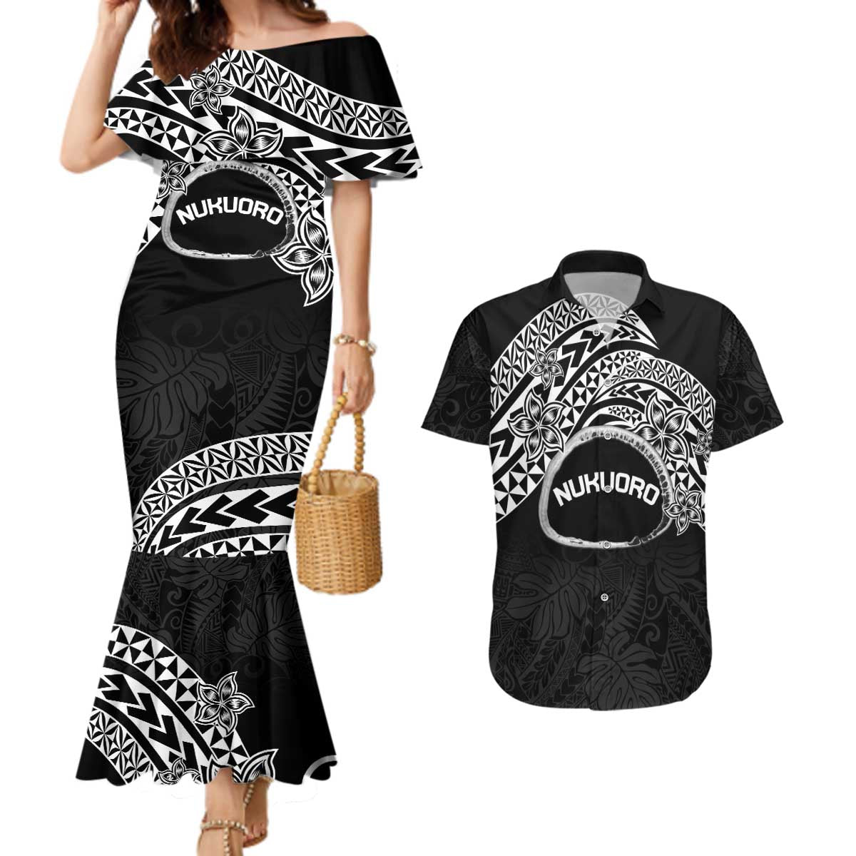 Personalised Pohnpei Nukuoro Micronesia Couples Matching Mermaid Dress and Hawaiian Shirt Polynesian Tattoo Curves Black Version