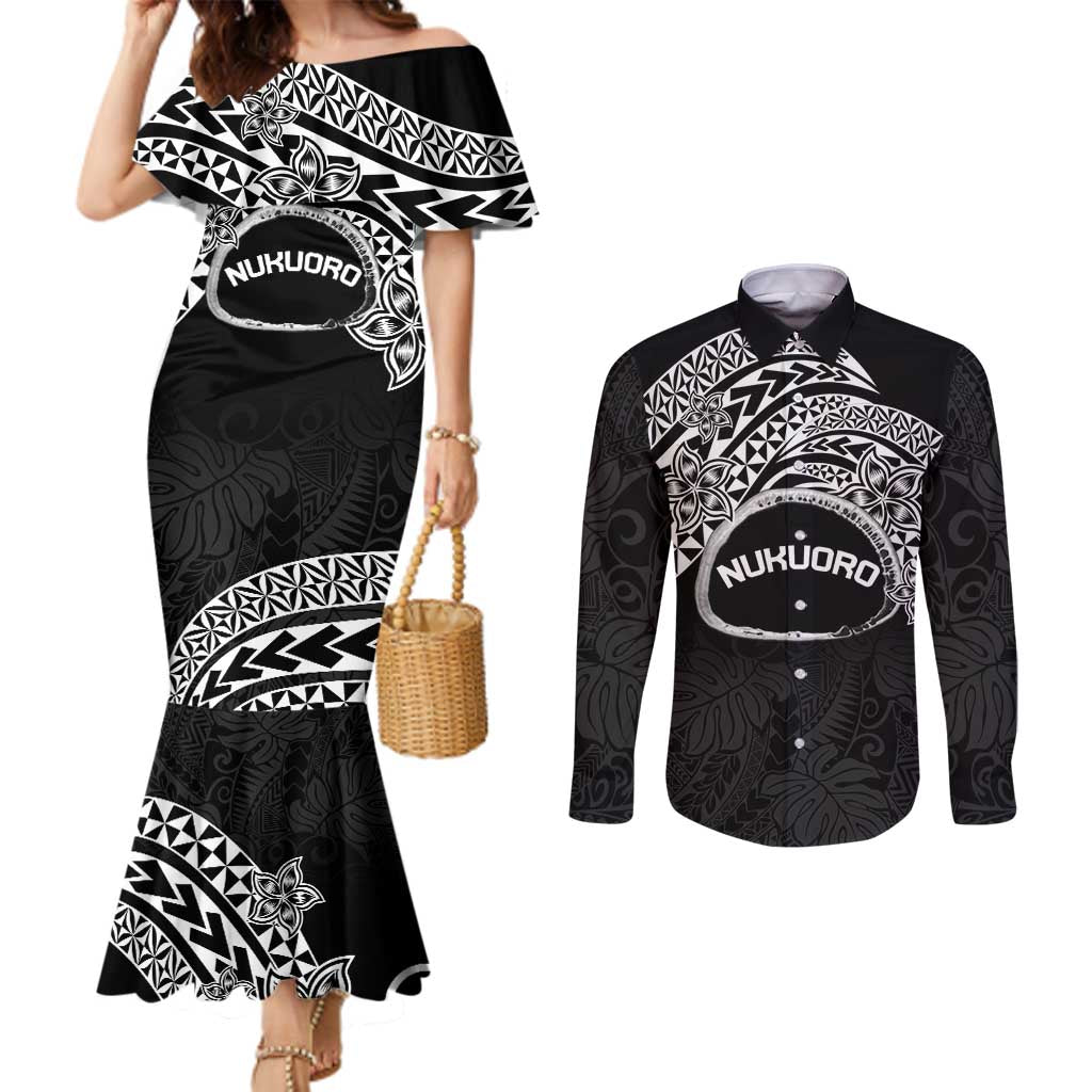 Personalised Pohnpei Nukuoro Micronesia Couples Matching Mermaid Dress and Long Sleeve Button Shirt Polynesian Tattoo Curves Black Version