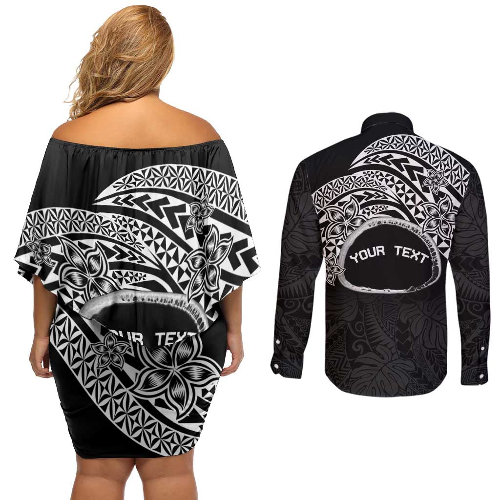 Personalised Pohnpei Nukuoro Micronesia Couples Matching Off Shoulder Short Dress and Long Sleeve Button Shirt Polynesian Tattoo Curves Black Version