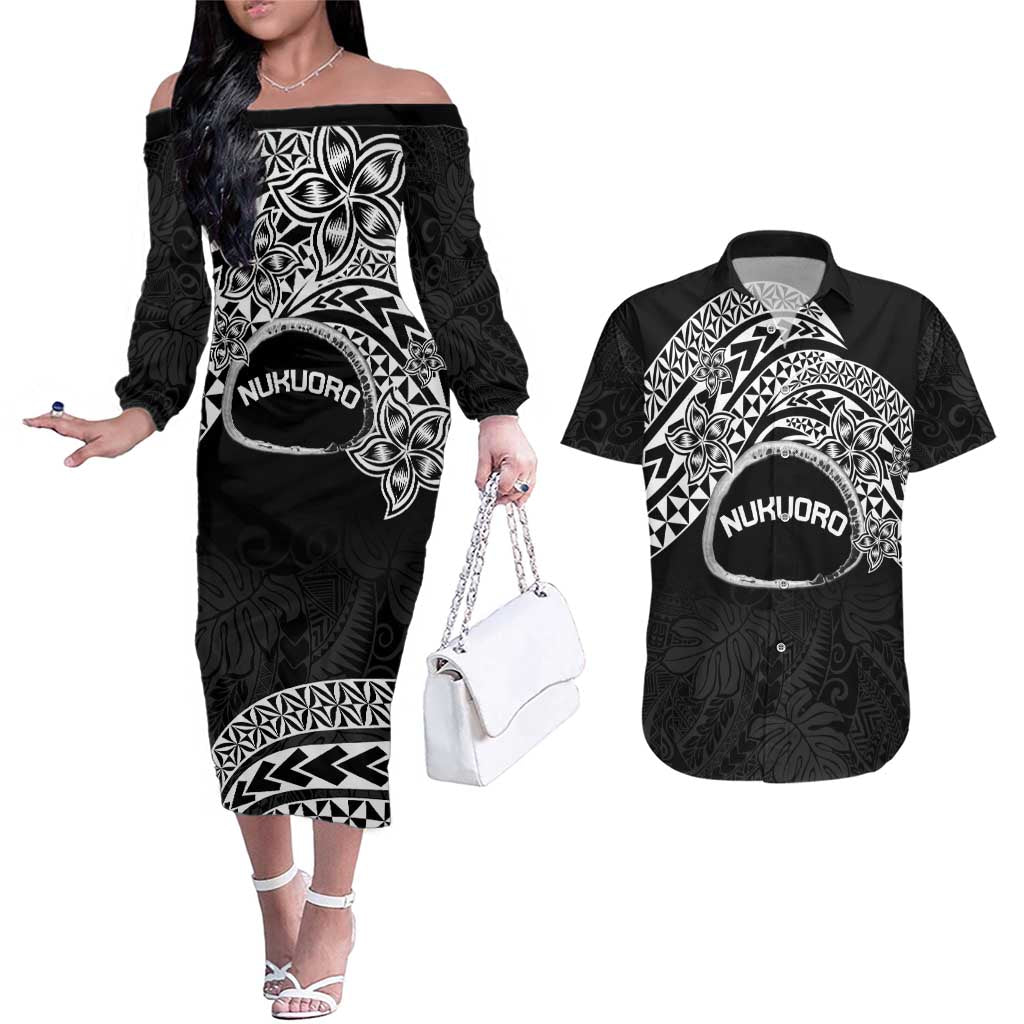 Personalised Pohnpei Nukuoro Micronesia Couples Matching Off The Shoulder Long Sleeve Dress and Hawaiian Shirt Polynesian Tattoo Curves Black Version