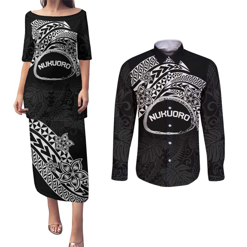 Personalised Pohnpei Nukuoro Micronesia Couples Matching Puletasi and Long Sleeve Button Shirt Polynesian Tattoo Curves Black Version