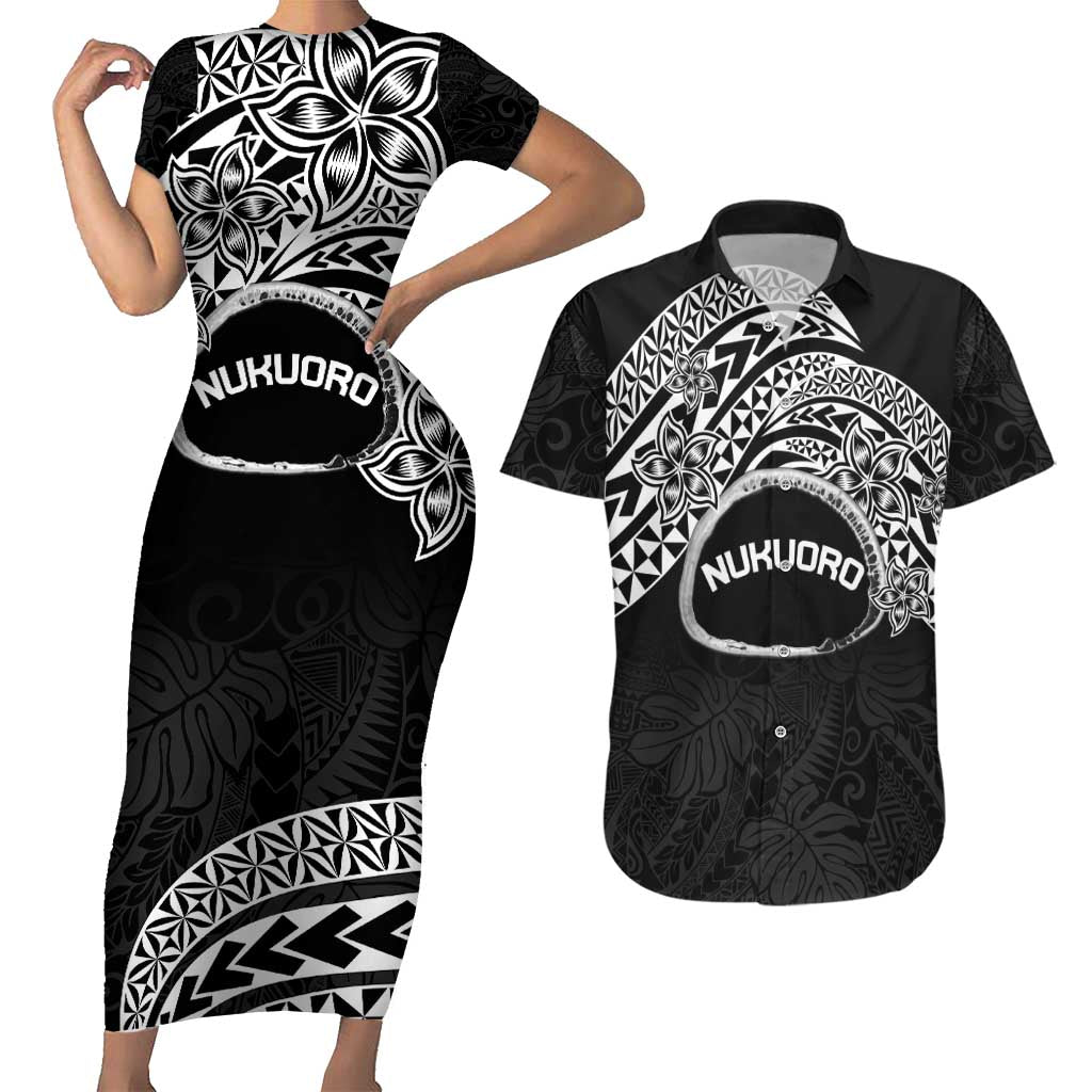 Personalised Pohnpei Nukuoro Micronesia Couples Matching Short Sleeve Bodycon Dress and Hawaiian Shirt Polynesian Tattoo Curves Black Version