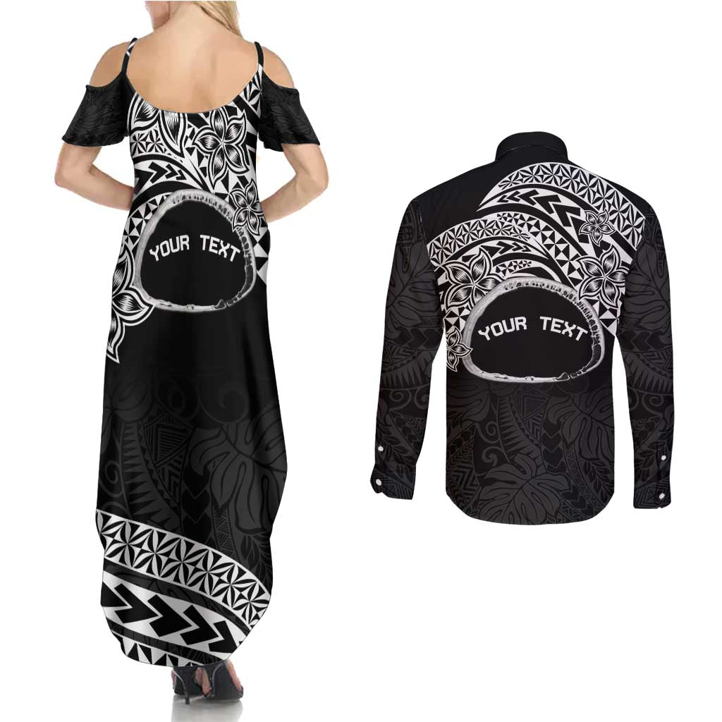 Personalised Pohnpei Nukuoro Micronesia Couples Matching Summer Maxi Dress and Long Sleeve Button Shirt Polynesian Tattoo Curves Black Version