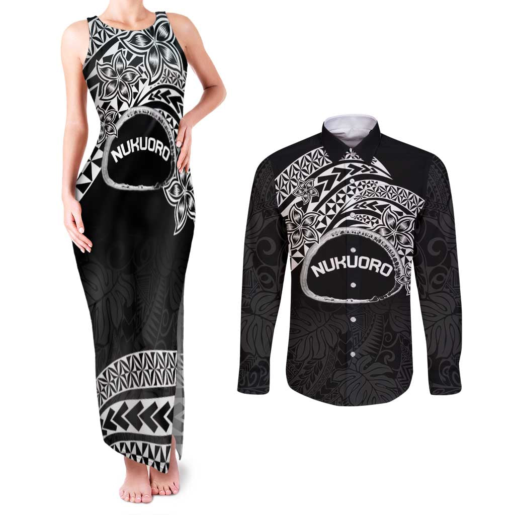 Personalised Pohnpei Nukuoro Micronesia Couples Matching Tank Maxi Dress and Long Sleeve Button Shirt Polynesian Tattoo Curves Black Version