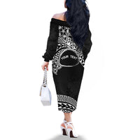 Personalised Pohnpei Nukuoro Micronesia Family Matching Off The Shoulder Long Sleeve Dress and Hawaiian Shirt Polynesian Tattoo Curves Black Version