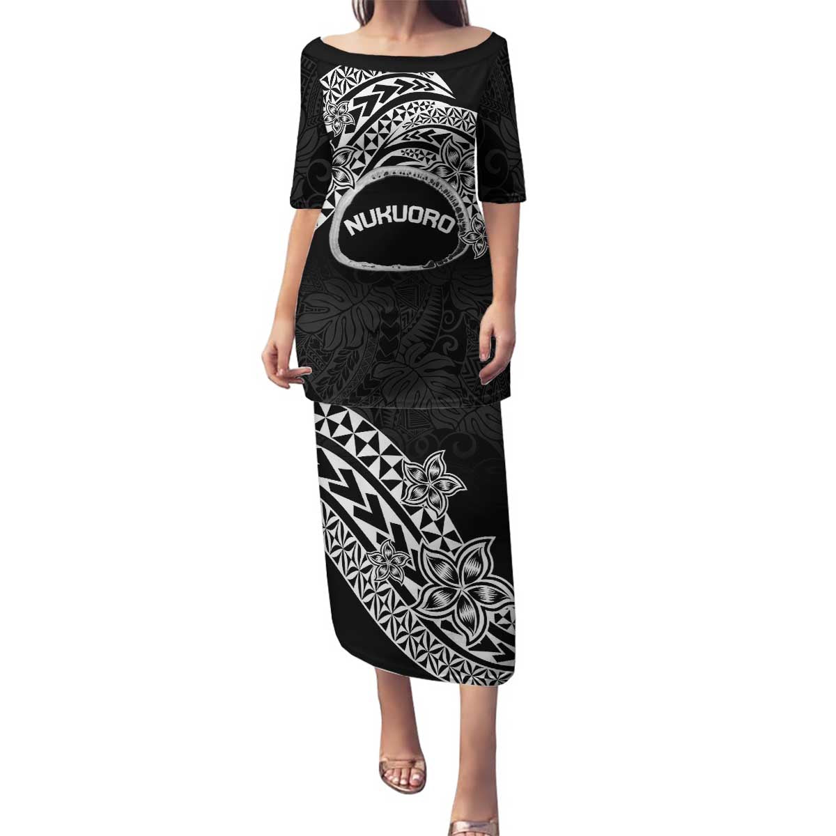 Personalised Pohnpei Nukuoro Micronesia Family Matching Puletasi and Hawaiian Shirt Polynesian Tattoo Curves Black Version