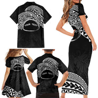 Personalised Pohnpei Nukuoro Micronesia Family Matching Short Sleeve Bodycon Dress and Hawaiian Shirt Polynesian Tattoo Curves Black Version