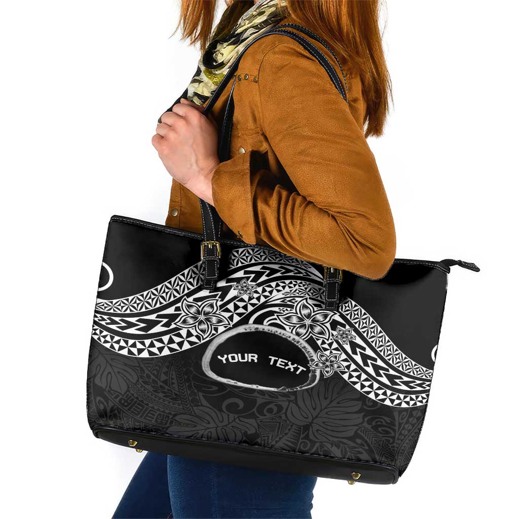 Personalised Pohnpei Nukuoro Micronesia Leather Tote Bag Polynesian Tattoo Curves Black Version