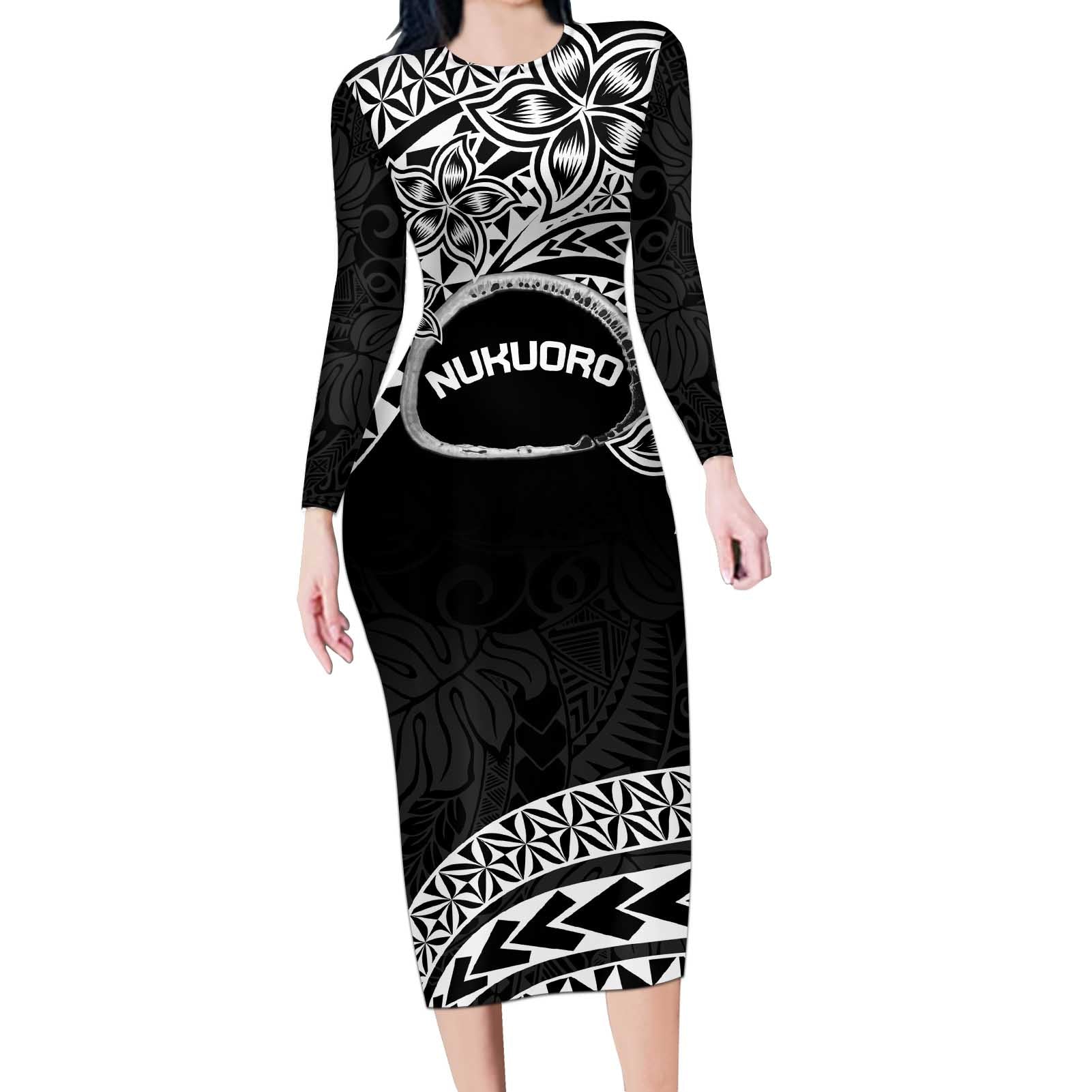 Personalised Pohnpei Nukuoro Micronesia Long Sleeve Bodycon Dress Polynesian Tattoo Curves Black Version