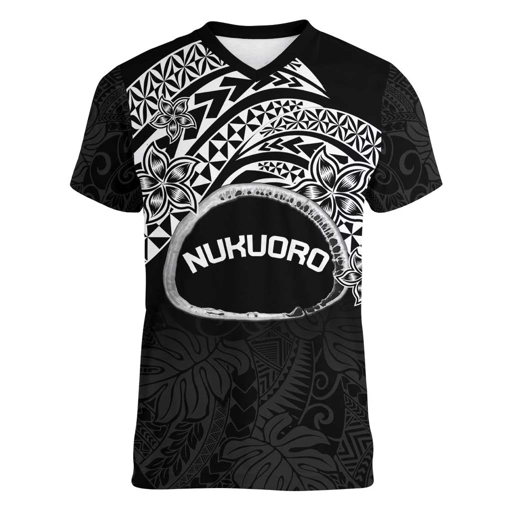 Personalised Pohnpei Nukuoro Micronesia Women V-Neck T-Shirt Polynesian Tattoo Curves Black Version