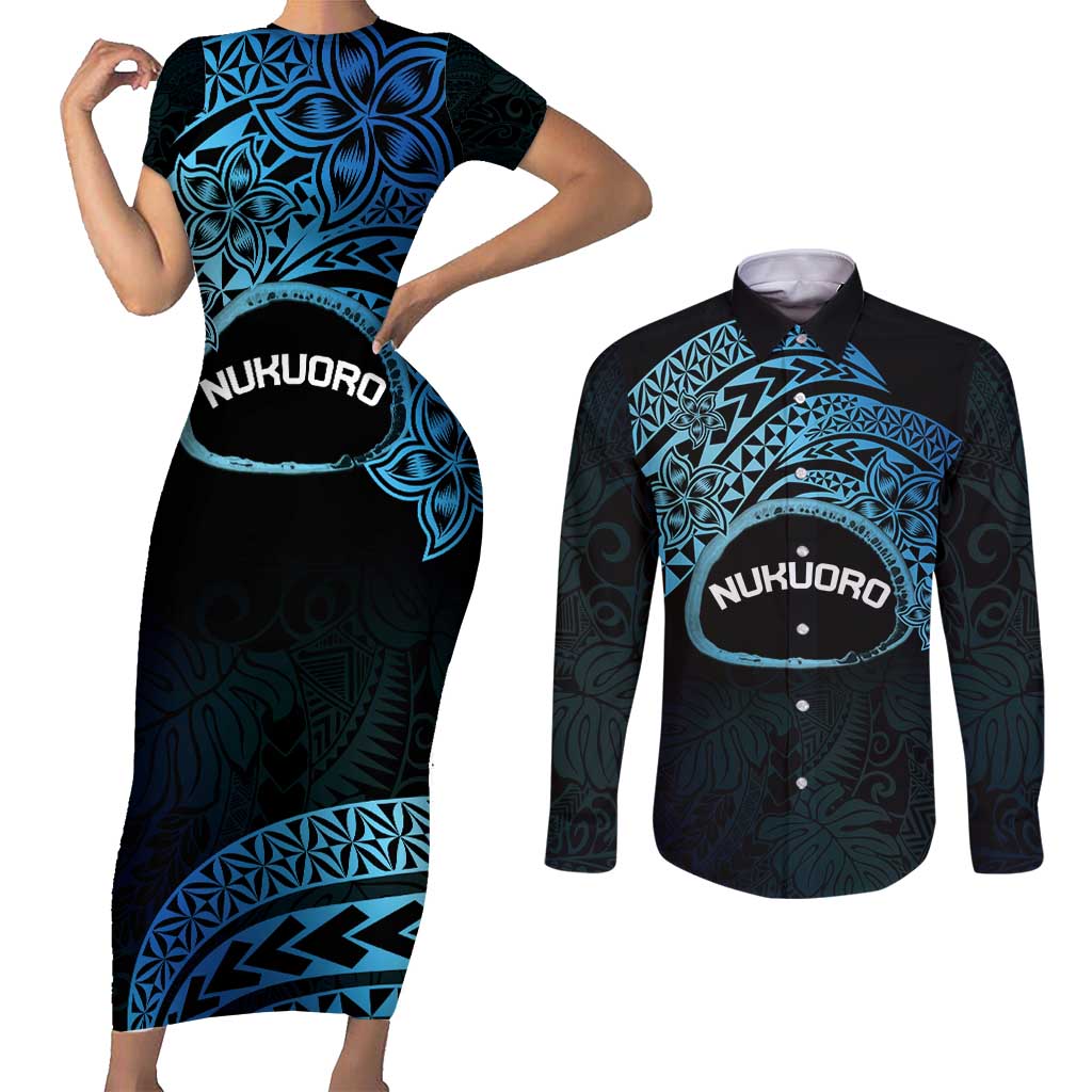 Personalised Pohnpei Nukuoro Micronesia Couples Matching Short Sleeve Bodycon Dress and Long Sleeve Button Shirt Polynesian Tattoo Curves Blue Version