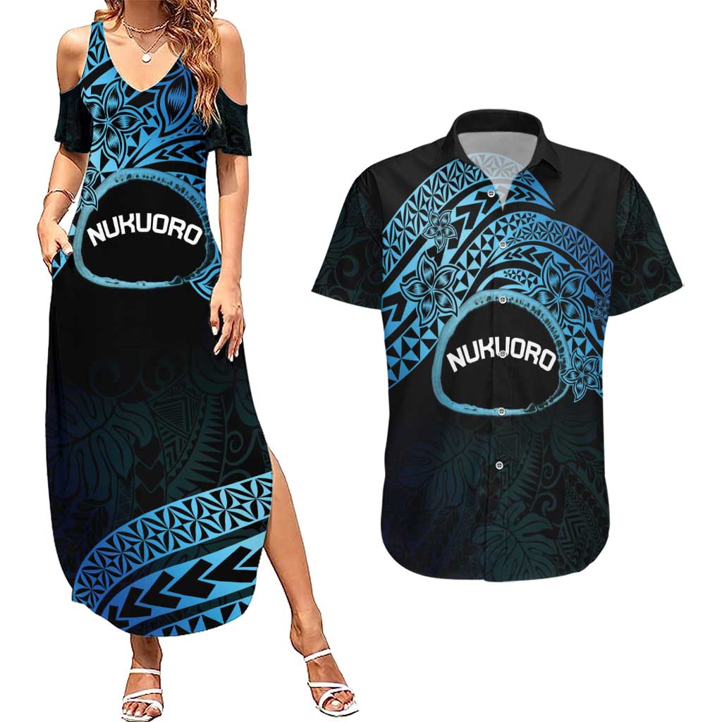 Personalised Pohnpei Nukuoro Micronesia Couples Matching Summer Maxi Dress and Hawaiian Shirt Polynesian Tattoo Curves Blue Version