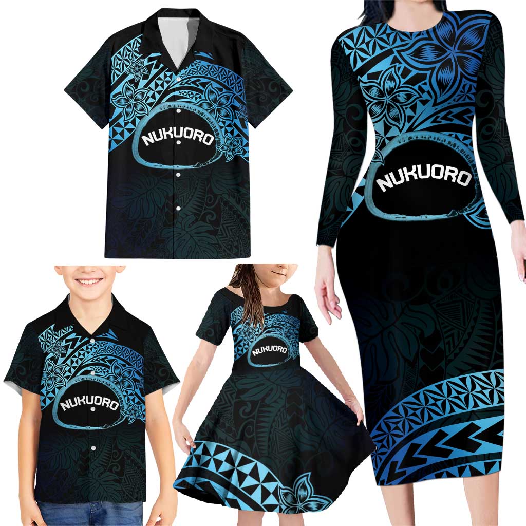 Personalised Pohnpei Nukuoro Micronesia Family Matching Long Sleeve Bodycon Dress and Hawaiian Shirt Polynesian Tattoo Curves Blue Version