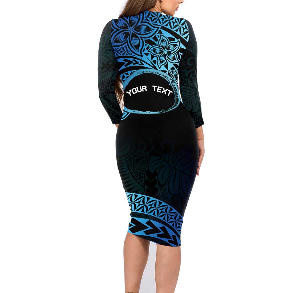 Personalised Pohnpei Nukuoro Micronesia Family Matching Long Sleeve Bodycon Dress and Hawaiian Shirt Polynesian Tattoo Curves Blue Version
