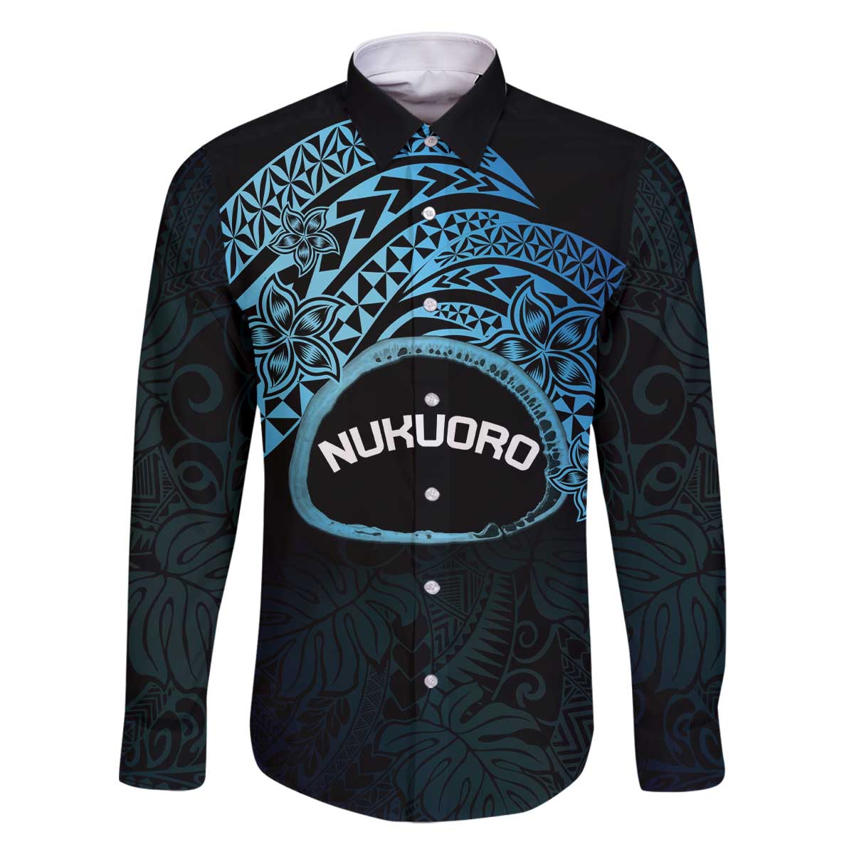 Personalised Pohnpei Nukuoro Micronesia Family Matching Off The Shoulder Long Sleeve Dress and Hawaiian Shirt Polynesian Tattoo Curves Blue Version