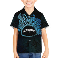 Personalised Pohnpei Nukuoro Micronesia Family Matching Off The Shoulder Long Sleeve Dress and Hawaiian Shirt Polynesian Tattoo Curves Blue Version