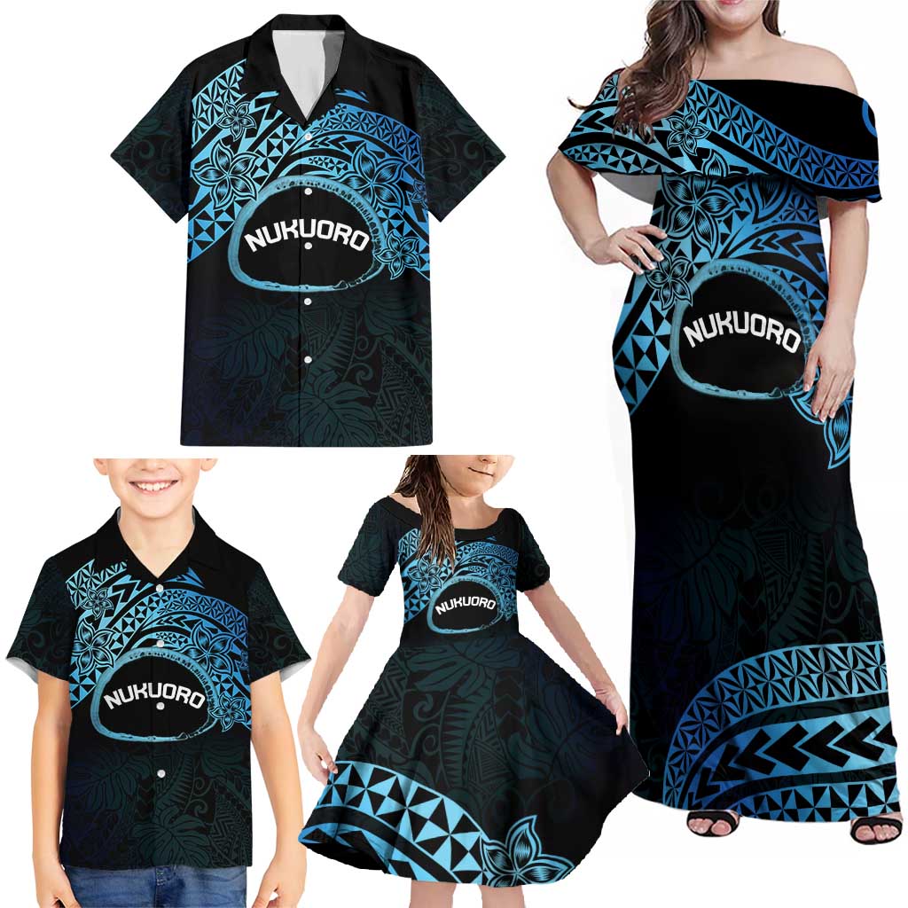 Personalised Pohnpei Nukuoro Micronesia Family Matching Off Shoulder Maxi Dress and Hawaiian Shirt Polynesian Tattoo Curves Blue Version