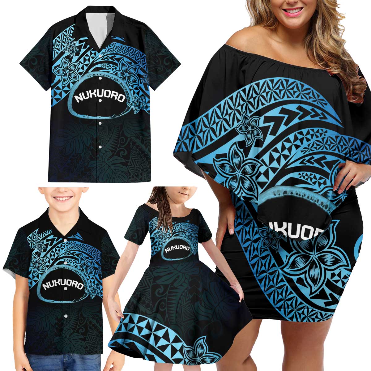 Personalised Pohnpei Nukuoro Micronesia Family Matching Off Shoulder Short Dress and Hawaiian Shirt Polynesian Tattoo Curves Blue Version