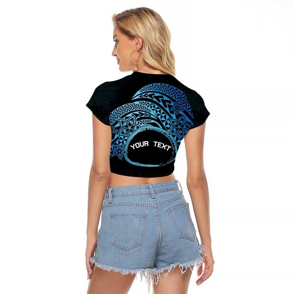 Personalised Pohnpei Nukuoro Micronesia Raglan Cropped T Shirt Polynesian Tattoo Curves Blue Version