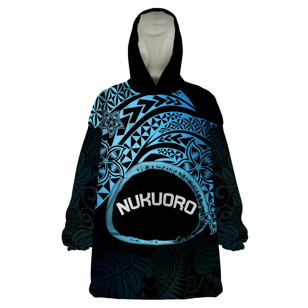 Personalised Pohnpei Nukuoro Micronesia Wearable Blanket Hoodie Polynesian Tattoo Curves Blue Version