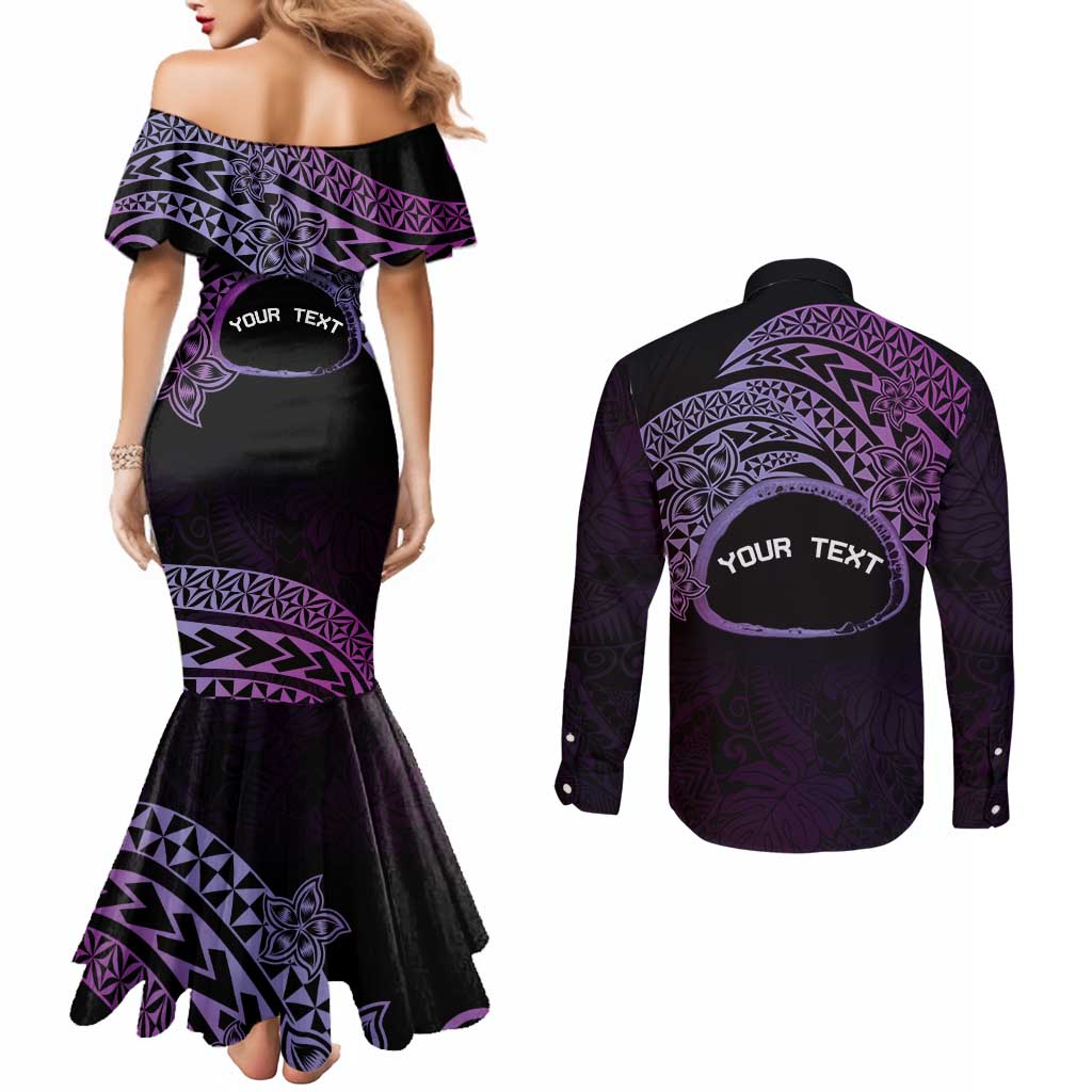 Personalised Pohnpei Nukuoro Micronesia Couples Matching Mermaid Dress and Long Sleeve Button Shirt Polynesian Tattoo Curves Purple Version
