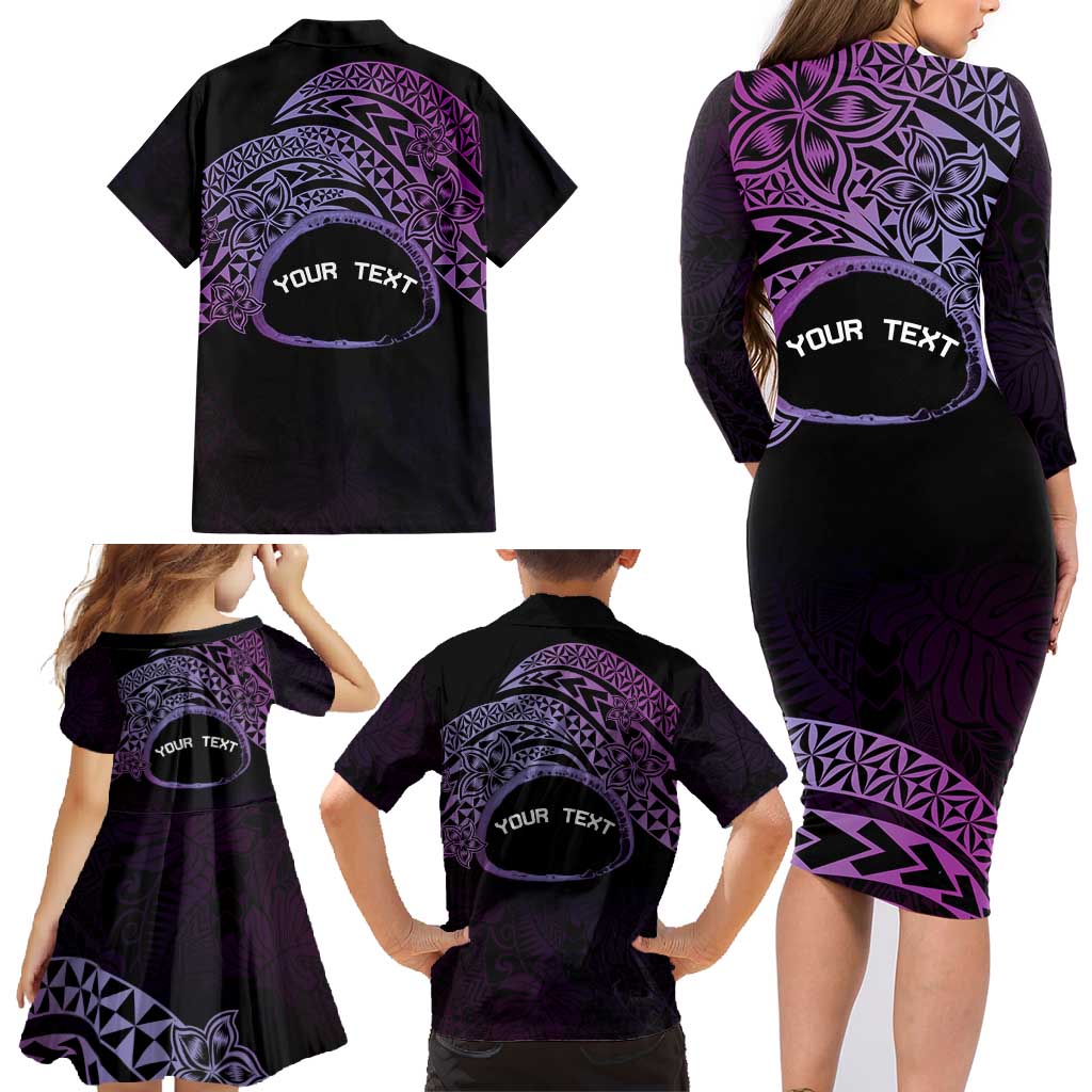 Personalised Pohnpei Nukuoro Micronesia Family Matching Long Sleeve Bodycon Dress and Hawaiian Shirt Polynesian Tattoo Curves Purple Version