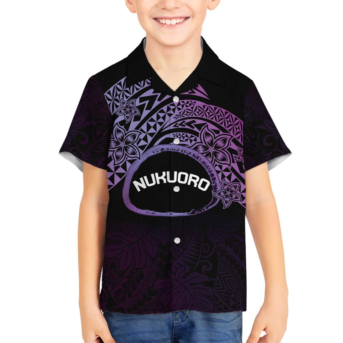 Personalised Pohnpei Nukuoro Micronesia Family Matching Off The Shoulder Long Sleeve Dress and Hawaiian Shirt Polynesian Tattoo Curves Purple Version