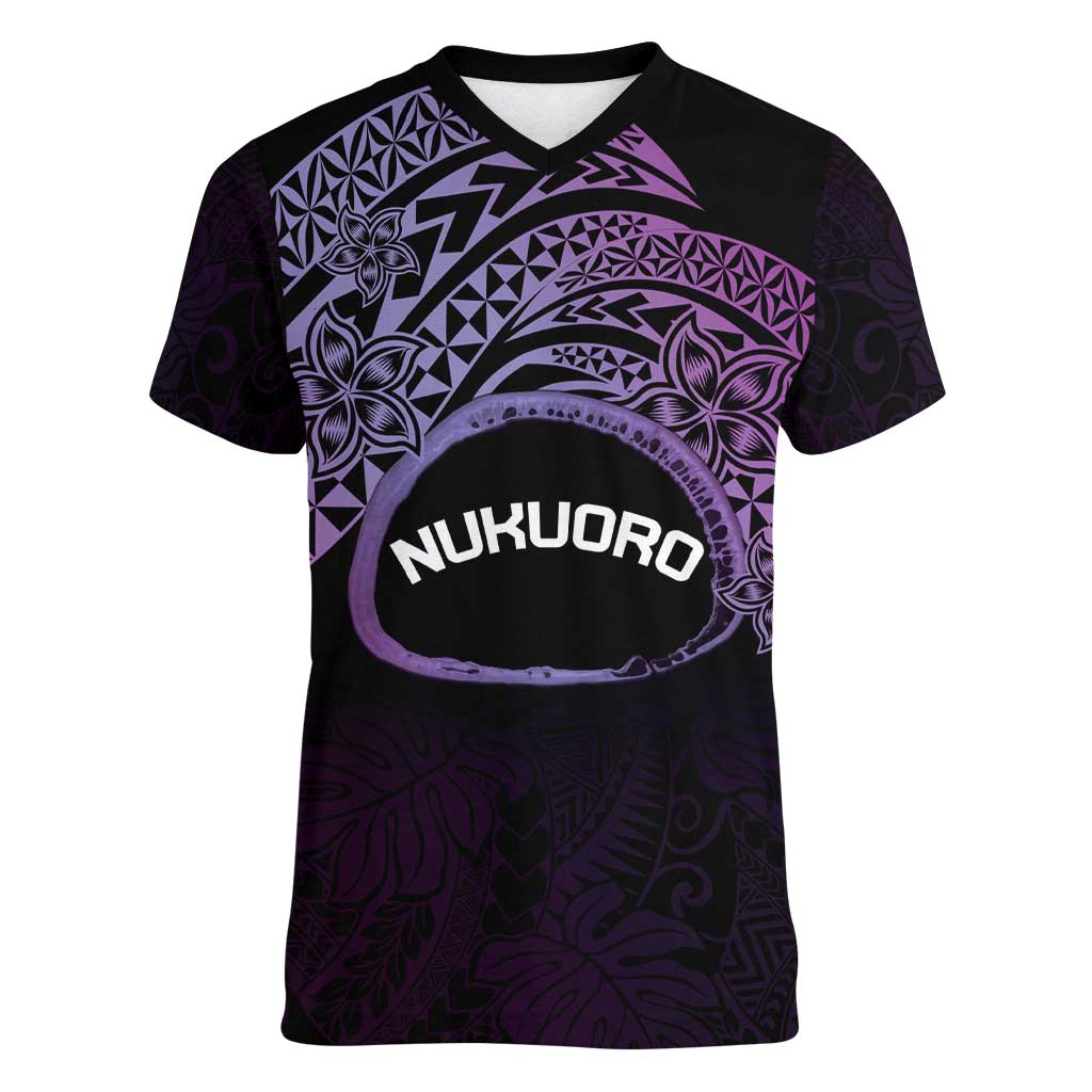 Personalised Pohnpei Nukuoro Micronesia Women V-Neck T-Shirt Polynesian Tattoo Curves Purple Version