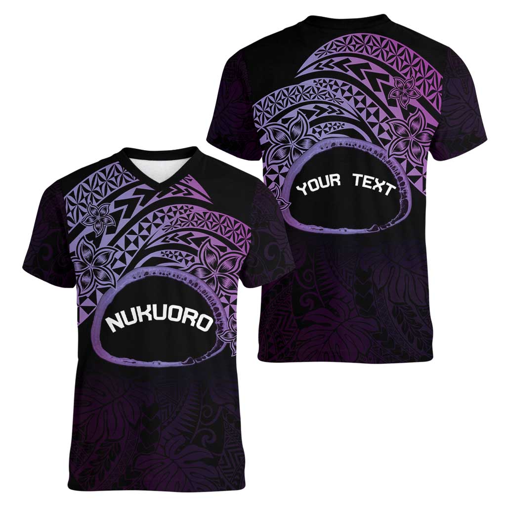 Personalised Pohnpei Nukuoro Micronesia Women V-Neck T-Shirt Polynesian Tattoo Curves Purple Version